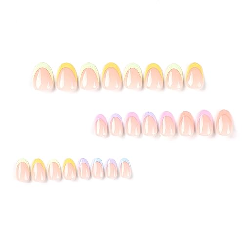 Summer Press on Nails,Short Almond False Nails Kit,Multicolor French Tip Fake Nails,Glossy Acrylic Artificial Nails for Women Daily Wear,Reusable Full Cover Stick on Nails Natural Glue on Nails 24Pcs