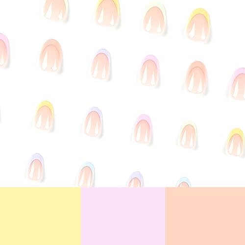 Summer Press on Nails,Short Almond False Nails Kit,Multicolor French Tip Fake Nails,Glossy Acrylic Artificial Nails for Women Daily Wear,Reusable Full Cover Stick on Nails Natural Glue on Nails 24Pcs