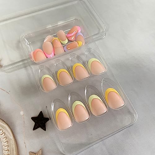 Summer Press on Nails,Short Almond False Nails Kit,Multicolor French Tip Fake Nails,Glossy Acrylic Artificial Nails for Women Daily Wear,Reusable Full Cover Stick on Nails Natural Glue on Nails 24Pcs