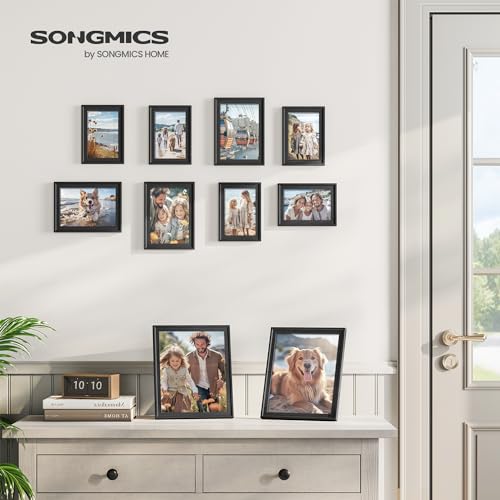 SONGMICS Picture Frames with 16 Mats, Set of 10 Collage Photo Frames, Two 8x10, Four 5x7, Four 4x6 Frames, Hanging or Table Display, Glass, 12 Non-Trace Nails, Ash Black