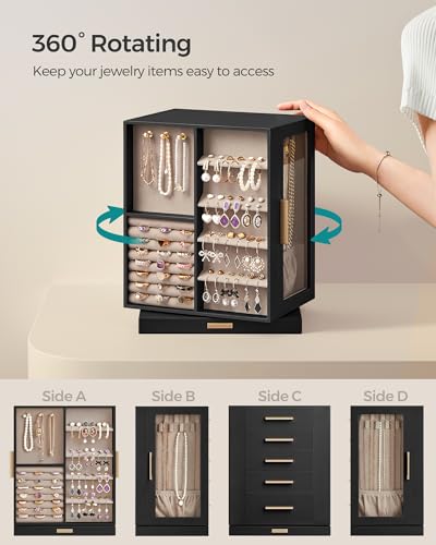 SONGMICS Jewelry Box 360° Rotating, Jewelry Storage Case with 5 Drawers, Jewelry Organizer, Glass Window, Spacious, Vertical Jewelry Storage, Open Design, Great Gift, Graphite Black UJBC170B01