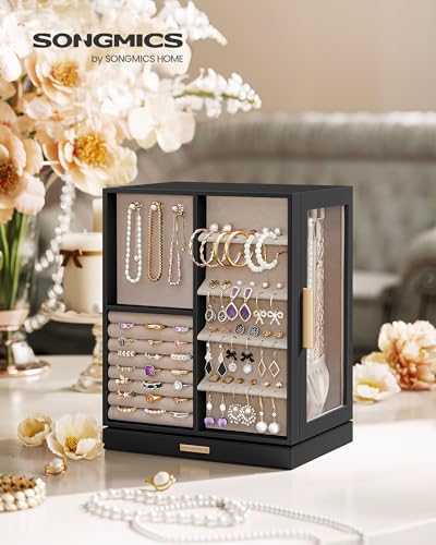 SONGMICS Jewelry Box 360° Rotating, Jewelry Storage Case with 5 Drawers, Jewelry Organizer, Glass Window, Spacious, Vertical Jewelry Storage, Open Design, Great Gift, Graphite Black UJBC170B01