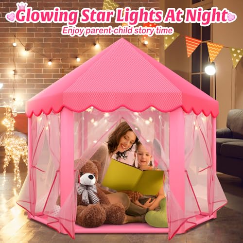 Princess Tent Girls Large Playhouse,Gift for 3 4 5 6 7 8+ Year Girl, Doll Dream House Castle Play Tent with Star Lights Toy for Kids Indoor and Outdoor Activity,Ideal Gift,57'' x 55'' (DxH)