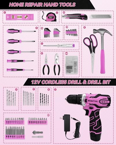 KingTool Home Tool Kit Set - 219 Pieces Pink Tool Kit with 12V Max Power Cordless Drill, Tool Kit for Women, Household Tool Set Kit with Power Drill for Home Office Garden Repair