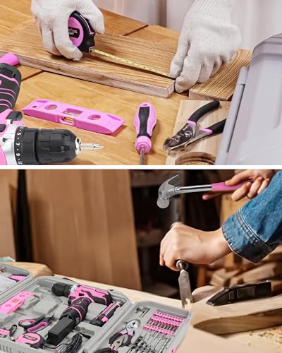 KingTool Home Tool Kit Set - 219 Pieces Pink Tool Kit with 12V Max Power Cordless Drill, Tool Kit for Women, Household Tool Set Kit with Power Drill for Home Office Garden Repair