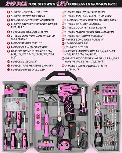 KingTool Home Tool Kit Set - 219 Pieces Pink Tool Kit with 12V Max Power Cordless Drill, Tool Kit for Women, Household Tool Set Kit with Power Drill for Home Office Garden Repair