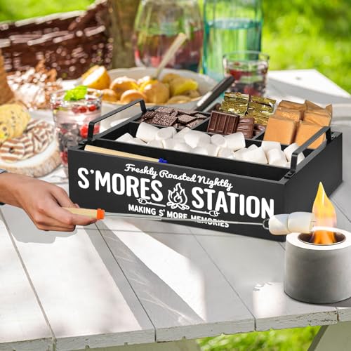 COZYYROME S'Mores Station with 4 Marshmallow Roasting Sticks, S'mores Bar Holder with Handles, S'mores Caddy, S'mores Accessories Organizer, S'mores Supplies Container Maker Box for S'mores Kit