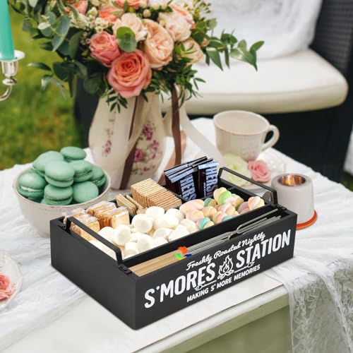 COZYYROME S'Mores Station with 4 Marshmallow Roasting Sticks, S'mores Bar Holder with Handles, S'mores Caddy, S'mores Accessories Organizer, S'mores Supplies Container Maker Box for S'mores Kit