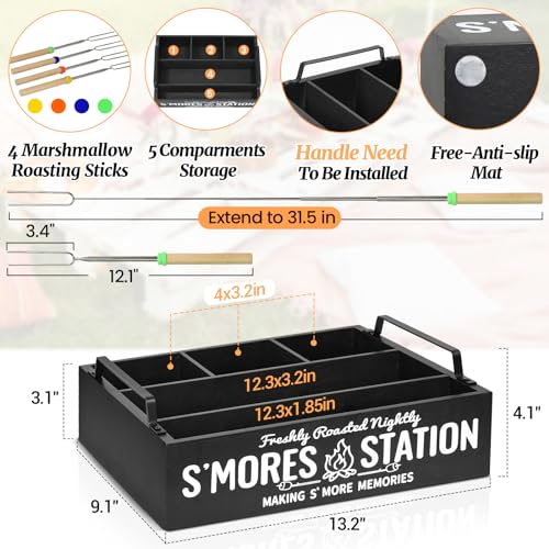 COZYYROME S'Mores Station with 4 Marshmallow Roasting Sticks, S'mores Bar Holder with Handles, S'mores Caddy, S'mores Accessories Organizer, S'mores Supplies Container Maker Box for S'mores Kit