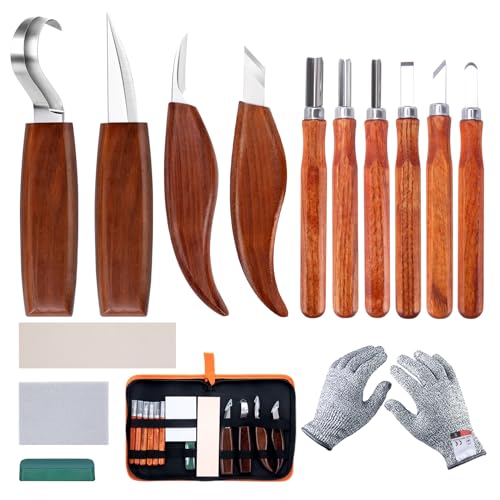 Wood Carving Tools Set, Wood Whittling Kit for Beginners Kids and Adults - Wood Carving Kit with Detail Wood Carving Knife, Whittling Knife, Wood Chisel Knife, Gloves, Carving Knife Sharpener