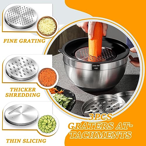 Umite Chef Mixing Bowls with Airtight Lids, 26Pcs Stainless Steel Bowls Set, 3 Grater Attachments & Black Non-Slip Bottoms Size 7, 4, 2.5, 2.0,1.5, 1QT, Great for Mixing & Serving