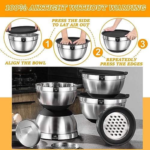 Umite Chef Mixing Bowls with Airtight Lids, 26Pcs Stainless Steel Bowls Set, 3 Grater Attachments & Black Non-Slip Bottoms Size 7, 4, 2.5, 2.0,1.5, 1QT, Great for Mixing & Serving