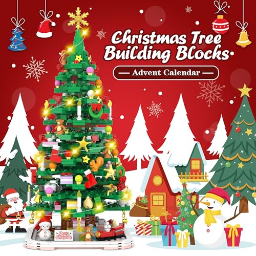 Advent Calendar 2024 Christmas Tree Building Toy Set with LED light, 1102 Pieces Christmas Countdown Calendar, 24 Days Building Block for Kids Adult Creative Gifts for Adults Teens Girls Ages 8+