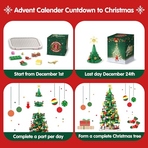 Advent Calendar 2024 Christmas Tree Building Toy Set with LED light, 1102 Pieces Christmas Countdown Calendar, 24 Days Building Block for Kids Adult Creative Gifts for Adults Teens Girls Ages 8+