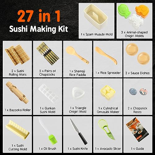 Delamu Sushi Making Kit 27 in 1 [Parent-Child] Sushi Kit, for Beginners/Pros Sushi Makers, with Bamboo Sushi Mats, Sushi Bazooka, Onigiri Mold, Rice Paddle, Sushi Knife, Guide Book & More