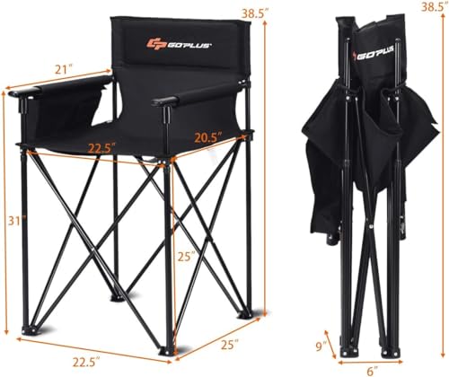 COSTWAY Folding Camping Chair, 38.5” Height Portable Tall Directors Chair with Storage Pouches, Detachable Armrests, Carrying Bag for Fishing, Picnic, Lawn, Black, 250LBS Weight Capacity