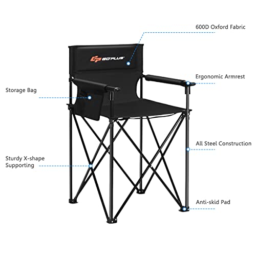 COSTWAY Folding Camping Chair, 38.5” Height Portable Tall Directors Chair with Storage Pouches, Detachable Armrests, Carrying Bag for Fishing, Picnic, Lawn, Black, 250LBS Weight Capacity