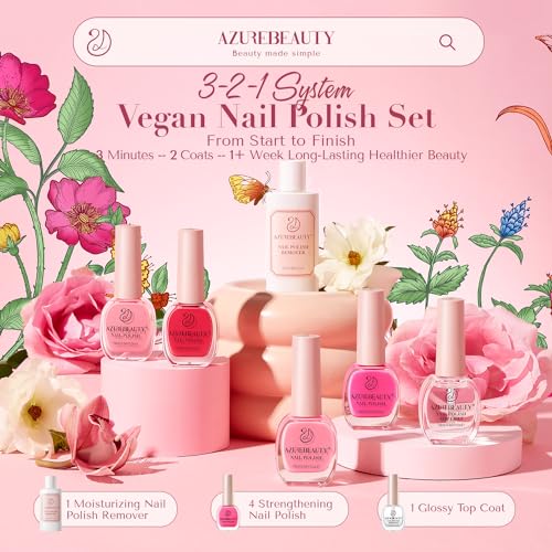 AZUREBEAUTY 4 Colors Vegan Nail Polish Set, Hot Pink Jelly Neon Summer Quick Dry Natural Nail Lacquer Strengthening Treatment Kit with Top Coat & Nail Polish Remover for Women Girl Nail Lovers Gift