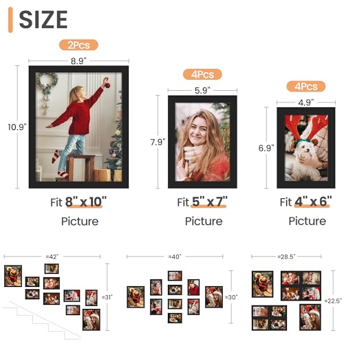 upsimples 10 Pack Picture Frames Set, Gallery Wall Frame Set for Wall Mounting or Tabletop Display, Multi Sizes Including 8x10, 5x7, 4x6 Family Photo Collage Frames for Wall Decor, Black