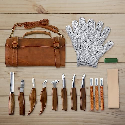 Tekchic Wood Carving Kit Deluxe-Whittling Knife, Wood Carving Knife Set, Wood Whittling Kit for Beginners, Carving Knife Woodworking Wood Carving Tools Set with Large Leather Case