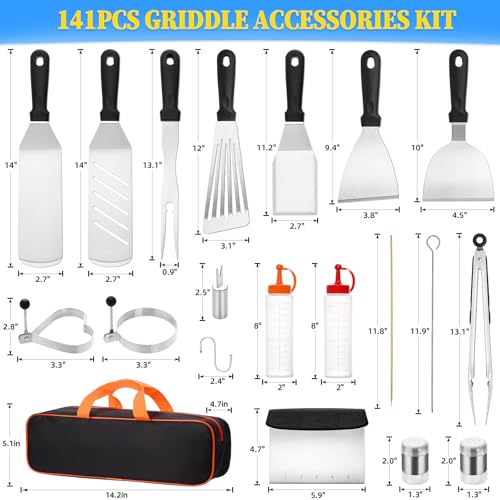 CEKEE Blackstone Griddle Accessories Kit, 141PCS Stainless Steel Grilling Accessories for Blackstone & Camp Chef, Flat Top Grill Accessories Set with Spatula, Scraper, Tongs for BBQ & Camping