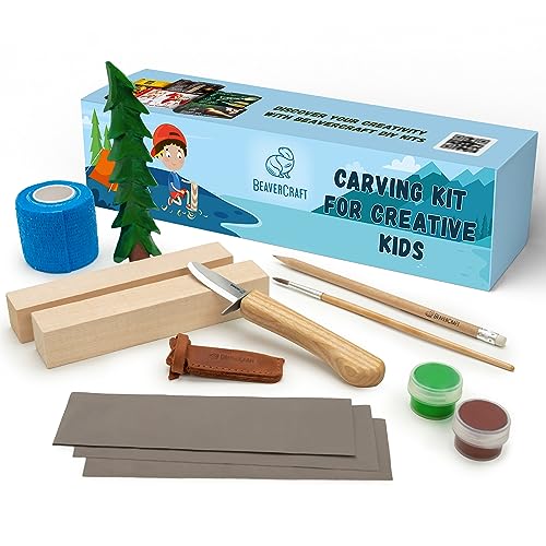 BeaverCraft Wood Carving Kit for Kids & Beginner DIY08 - Wood Whittling Kit for Kids Woodworking Starter Kit Hobby Kits for Boys Wood Crafts Projects DIY Gifts, Carving Set Whittling Knife & Basswood