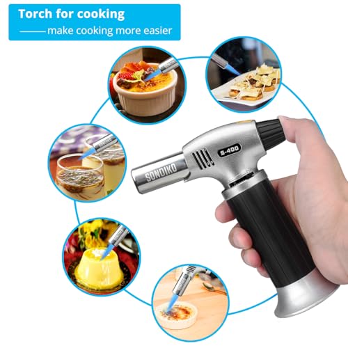 Sondiko Butane Torch Lighter S400 2 Pack, Refillable Kitchen Torch with Safety Lock and Adjustable Flame for Desserts, Creme Brulee, and Baking(Butane Gas Is Not Included)