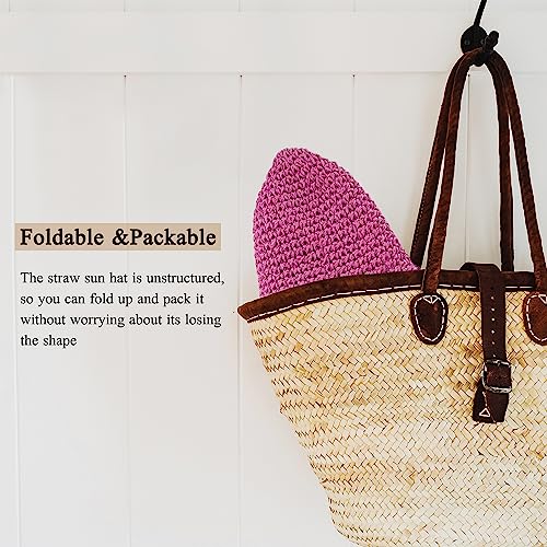 Womens Floppy Straw Sun Hat Foldable Packable Wide Brim Summer Beach Hat Crochet Bucket Hat