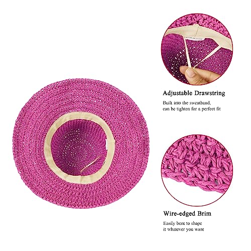 Womens Floppy Straw Sun Hat Foldable Packable Wide Brim Summer Beach Hat Crochet Bucket Hat