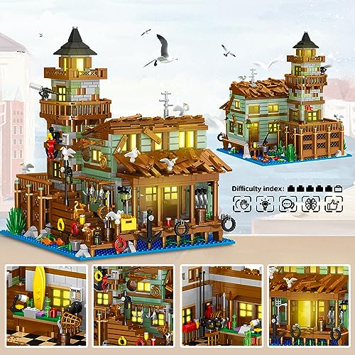 Fishing Village Store House Building Set with LED Light, 1881 PCS Wood Cabin Mini Building Block, STEM Architecture Toys Kit, Birthday Gift for Adults Ages 8-12+ Years（Not Compatible with Set ）