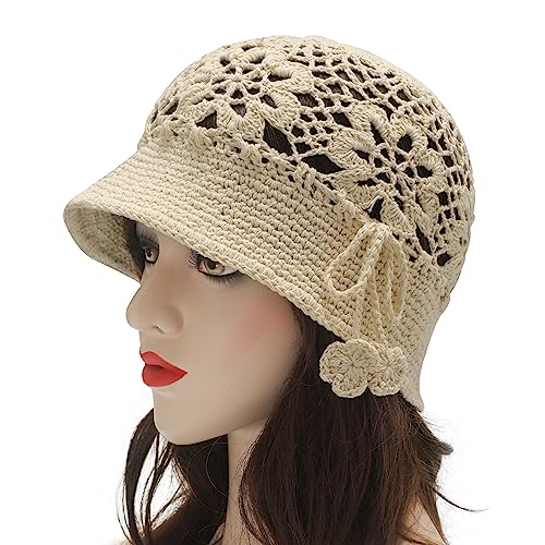 ZLYC Women Cotton Bucket Hat Handmade Crochet Knit Floral Summer Bucket Hats