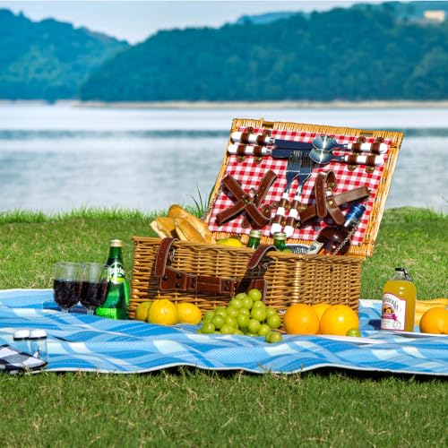 Wicker Picnic Basket Set for 4 Persons,Willow Hamper with Large Insulated Cooler Compartment,Plates,Wine Glasses, Flatware Perfect for Picnic, Camping (Pink & White)