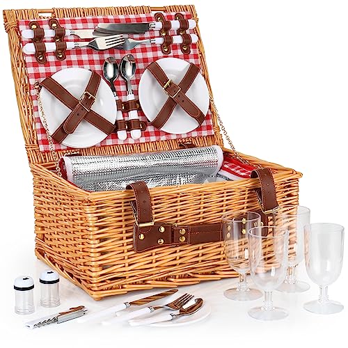 Wicker Picnic Basket Set for 4 Persons,Willow Hamper with Large Insulated Cooler Compartment,Plates,Wine Glasses, Flatware Perfect for Picnic, Camping (Pink & White)