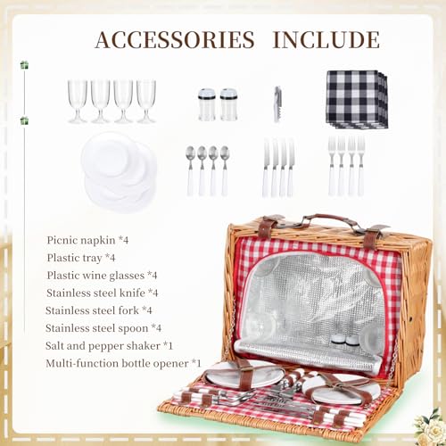 Wicker Picnic Basket Set for 4 Persons,Willow Hamper with Large Insulated Cooler Compartment,Plates,Wine Glasses, Flatware Perfect for Picnic, Camping (Pink & White)