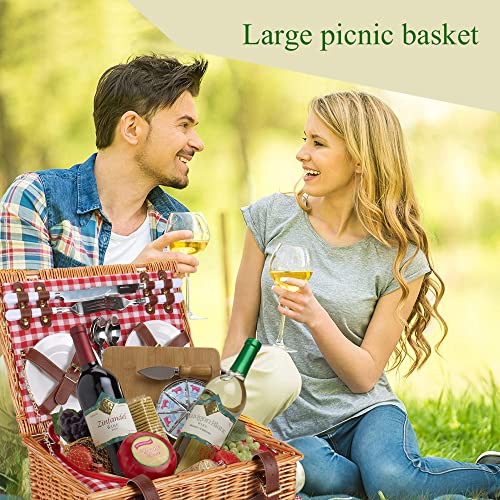 Wicker Picnic Basket Set for 4 Persons,Willow Hamper with Large Insulated Cooler Compartment,Plates,Wine Glasses, Flatware Perfect for Picnic, Camping (Pink & White)