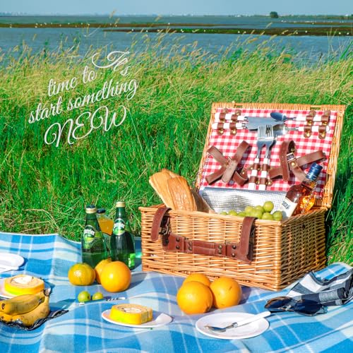 Wicker Picnic Basket Set for 4 Persons,Willow Hamper with Large Insulated Cooler Compartment,Plates,Wine Glasses, Flatware Perfect for Picnic, Camping (Pink & White)