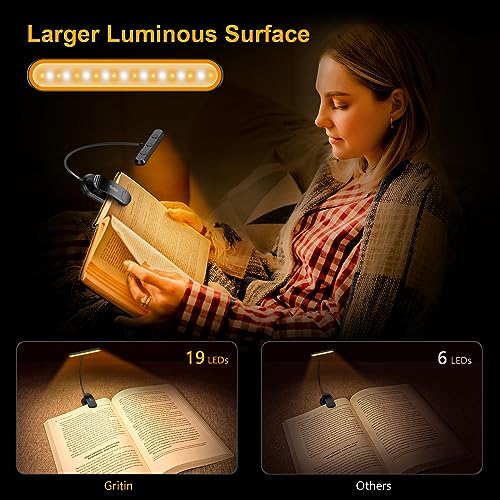 Gritin Rechargeable Book Light for Reading in Bed with 19 LED &Memory Function-Eye Caring 3 Color Temperatures,5 Brightness Levels,80 Hrs Runtime Flexible Goose Neck Clip on Book Light for Book Lovers