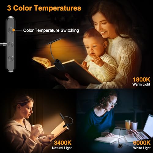 Gritin Rechargeable Book Light for Reading in Bed with 19 LED &Memory Function-Eye Caring 3 Color Temperatures,5 Brightness Levels,80 Hrs Runtime Flexible Goose Neck Clip on Book Light for Book Lovers