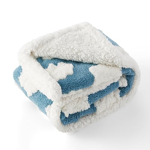 Lesure Waterproof Puppy Blanket for Small Dogs - Washable Double Sided Dog Blankets with Warm Jacquard Shag and Soft Sherpa Fleece, Pet Cat Blanket for Couch Protection, 3D Textured Cloud, Blue