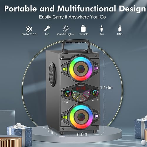 Bluetooth Speakers, 60W Portable Wireless Loud Outdoor Home Party Bluetooth Speaker with Subwoofer, FM Radio, LED Colorful Lights, Microphone, Remote and Big Powerful Stereo Deep Bass Sound Boombox