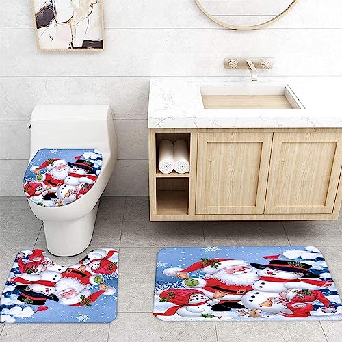 GUDAGUU 4 Piece Christmas Shower Curtain Bathroom Decorations Sets,Santa Claus and Snowmen Bath Decor with Toilet Seat Cover Rug Xmas Theme Rustic Gnome Bathtub Room Accessory Complete Kit