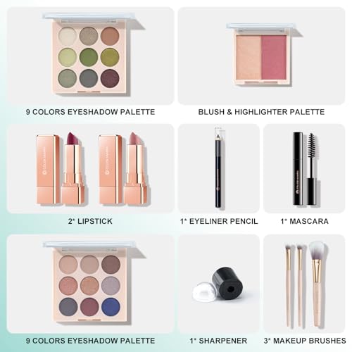 Color Nymph All In One Makeup Kit, Makeup Gift Set for Beginners Teenager Girls with Eyeshadow Palette Blush Lipstick Lip Pencil Eye Pencil Brush Mascara Portable Bag