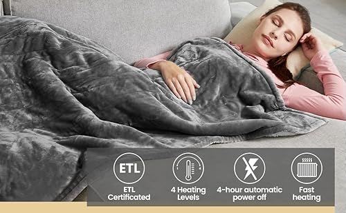 JAQUETEA Heated Blanket Electric Throw - 50''x60'' Heating Blanket Throw 4 Hours Auto-Off & 4 Heating Levels Over-Heat Protection, Machine Washable Flannel Sherpa,Electric Certification