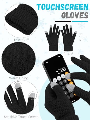 Winter Beanie Hat Scarf Gloves, Warm Fleece Knit Winter Hats Touch Screen Gloves Neck Scarf Set Winter Gifts for Unisex Adult Black