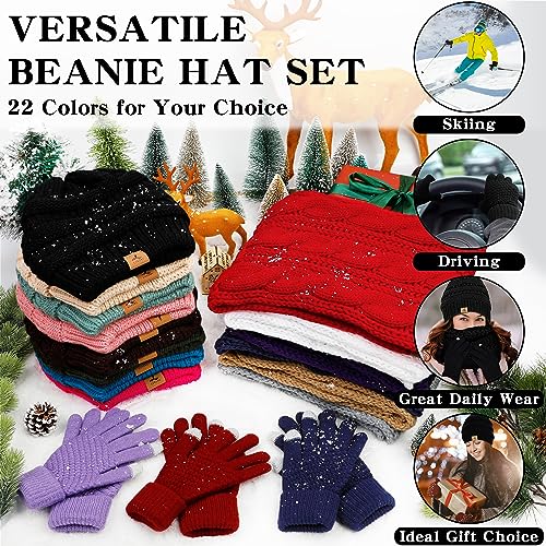 Winter Beanie Hat Scarf Gloves, Warm Fleece Knit Winter Hats Touch Screen Gloves Neck Scarf Set Winter Gifts for Unisex Adult Black