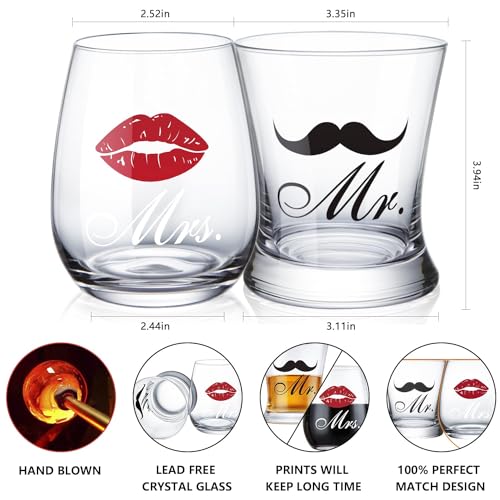 LIGHTEN LIFE Wedding Engagement Gifts for Couples,Mr & Mrs Appron and Wine Whiskey Glass Set,Anniversary Present for Newlywed,Bridal Shower Gifts,Mr and Mrs Gift Set