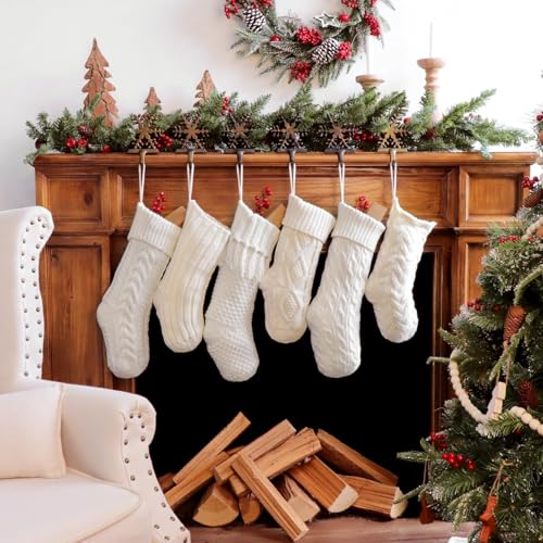 Christmas Stockings: 6 Pack Cream & White Cable Knit Patterns Fireplace Stockings, Rustic Hanging Xmas Stockings Farmhouse Boho Beige Knitted Stocking Decorations for Family Holiday Decor