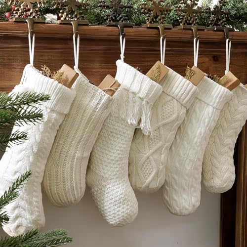 Christmas Stockings: 6 Pack Cream & White Cable Knit Patterns Fireplace Stockings, Rustic Hanging Xmas Stockings Farmhouse Boho Beige Knitted Stocking Decorations for Family Holiday Decor