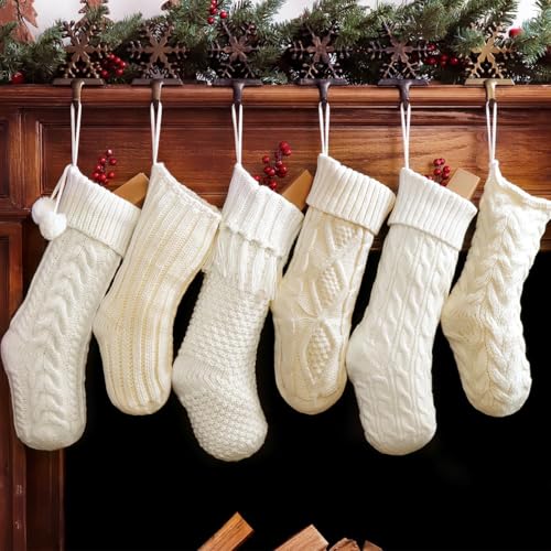 Christmas Stockings: 6 Pack Cream & White Cable Knit Patterns Fireplace Stockings, Rustic Hanging Xmas Stockings Farmhouse Boho Beige Knitted Stocking Decorations for Family Holiday Decor