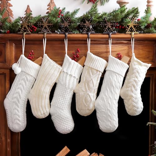 Christmas Stockings: 6 Pack Cream & White Cable Knit Patterns Fireplace Stockings, Rustic Hanging Xmas Stockings Farmhouse Boho Beige Knitted Stocking Decorations for Family Holiday Decor